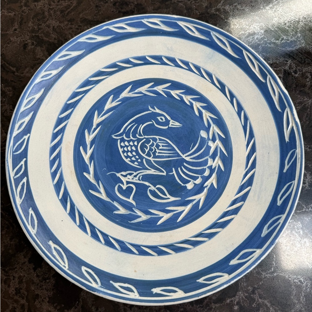 Blue and White Decorative Ceramic Plate with Bird Motif 10” diameter